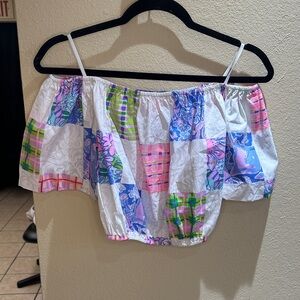 Lilly Pulitzer Patchwork Off Shoulder Top Pastel Pink Blue Green Summer Size S